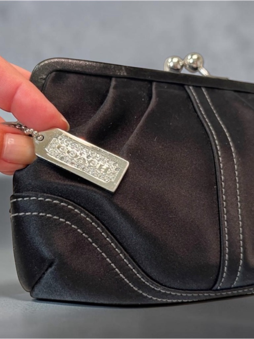 Coach Soho Kisslock Black Satin Clutch with Swarovski Crystal Studded Hangtag - Picture 2 of 13